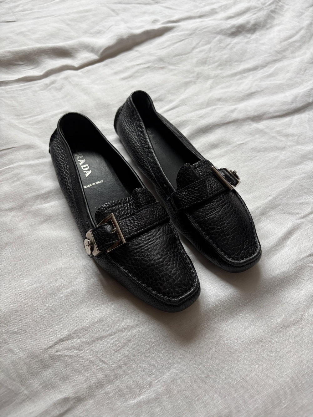 Vintage Prada Black Pebbled Leather Loafers with Silver Buckles